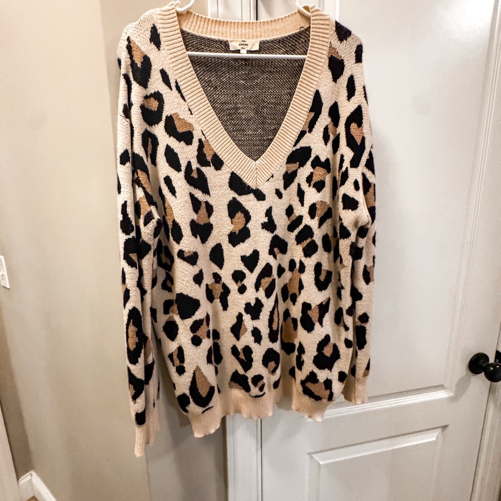 Entro Tan and Black Leopard V-Neck Sweater